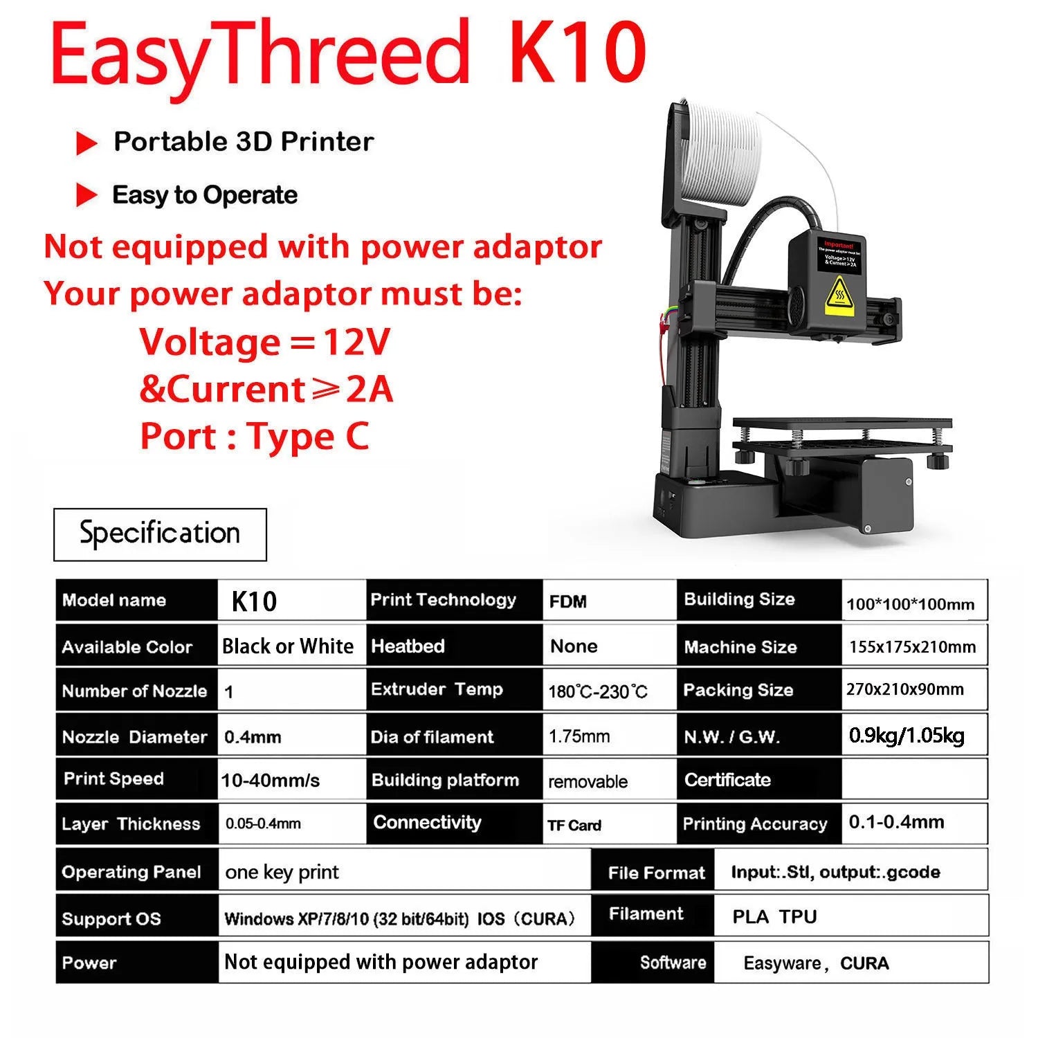 White EasyThreed K10 desktop 3D printer with 175mm build volume for TPU and PLA filament printing