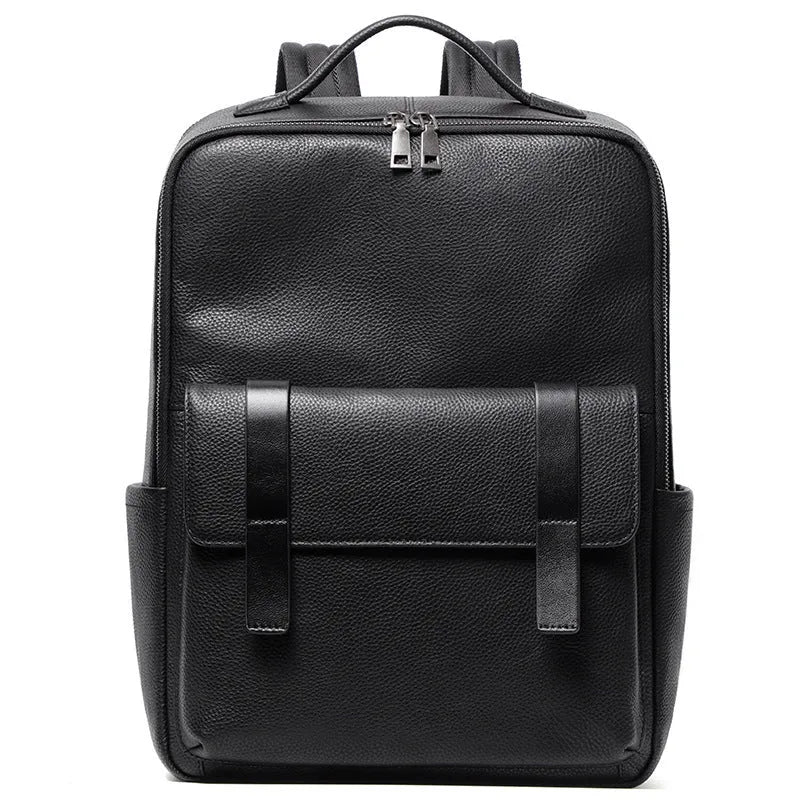 Black genuine leather computer backpack with 36-55 litre capacity and physiological curve back plate