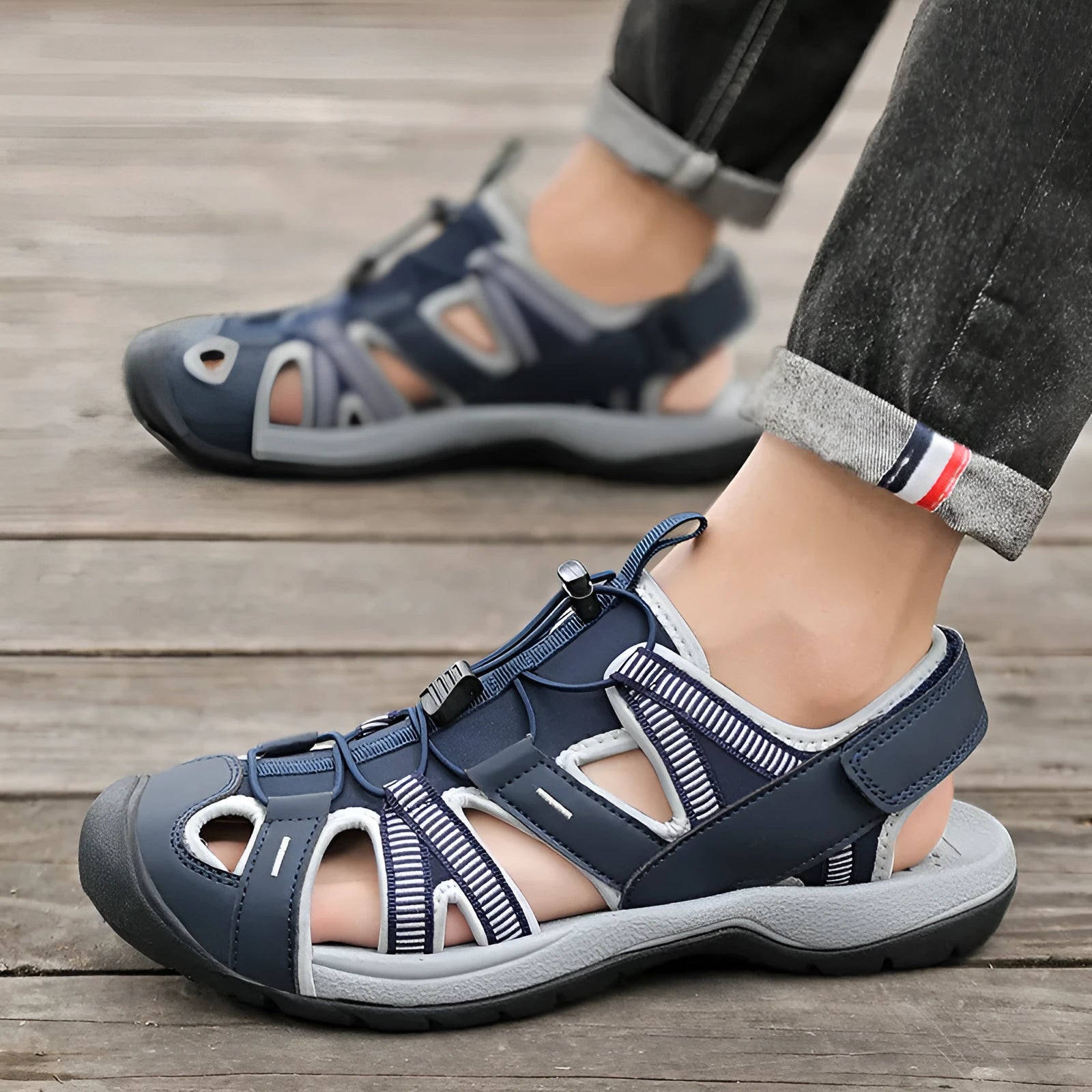Men's blue and black casual sports shoes with Velcro strap and mesh upper on a rubber sole.