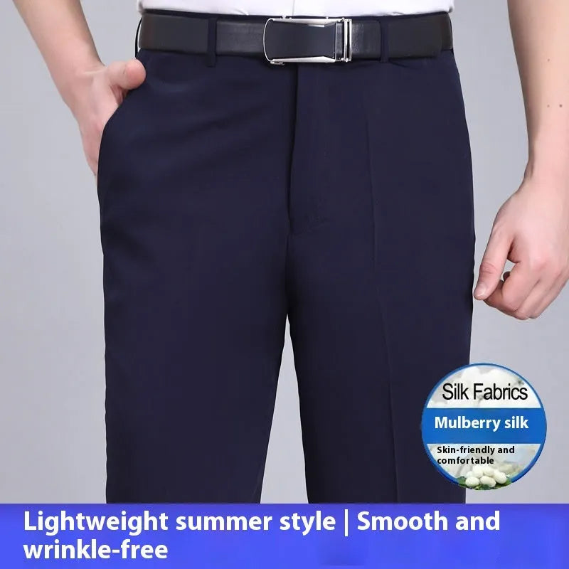 Men's straight leg business trousers in a mulberry silk blend fabric, shown in a dark blue colour.