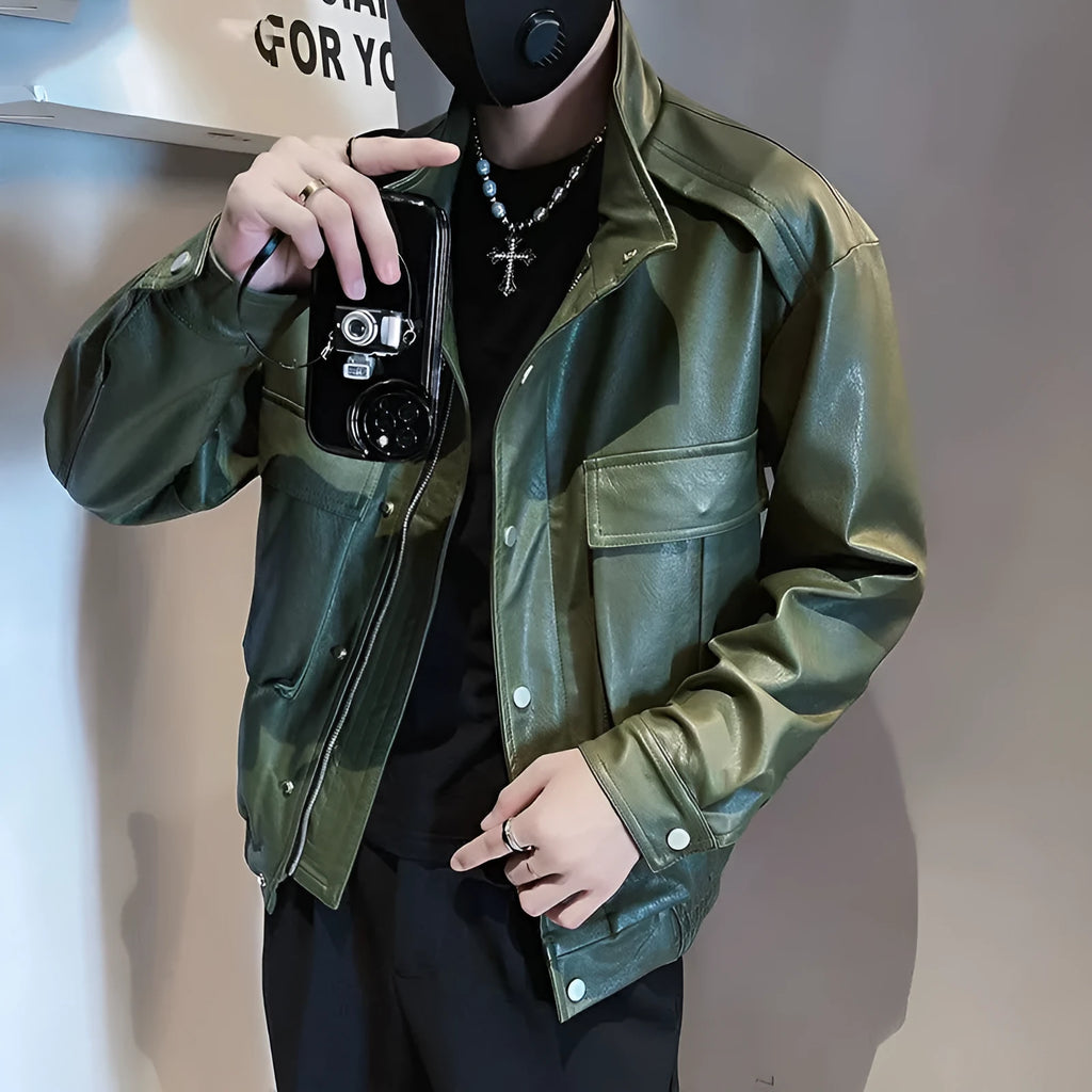 Men's black PU leather jacket in Korean style with straight hem and side pockets.