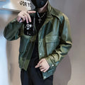 Men's black PU leather jacket in Korean style with straight hem and side pockets.