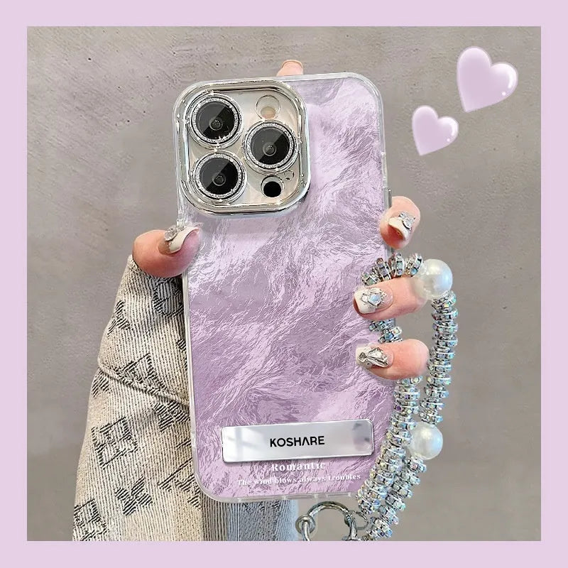 Ice blue and silver gradient hard PC iPhone case with chain and invisible bracket options