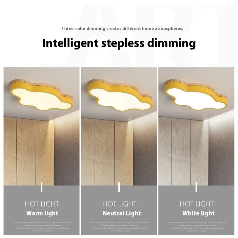 Modern wooden-tone cloud shaped LED ceiling light with dimmable and colour changing options.
