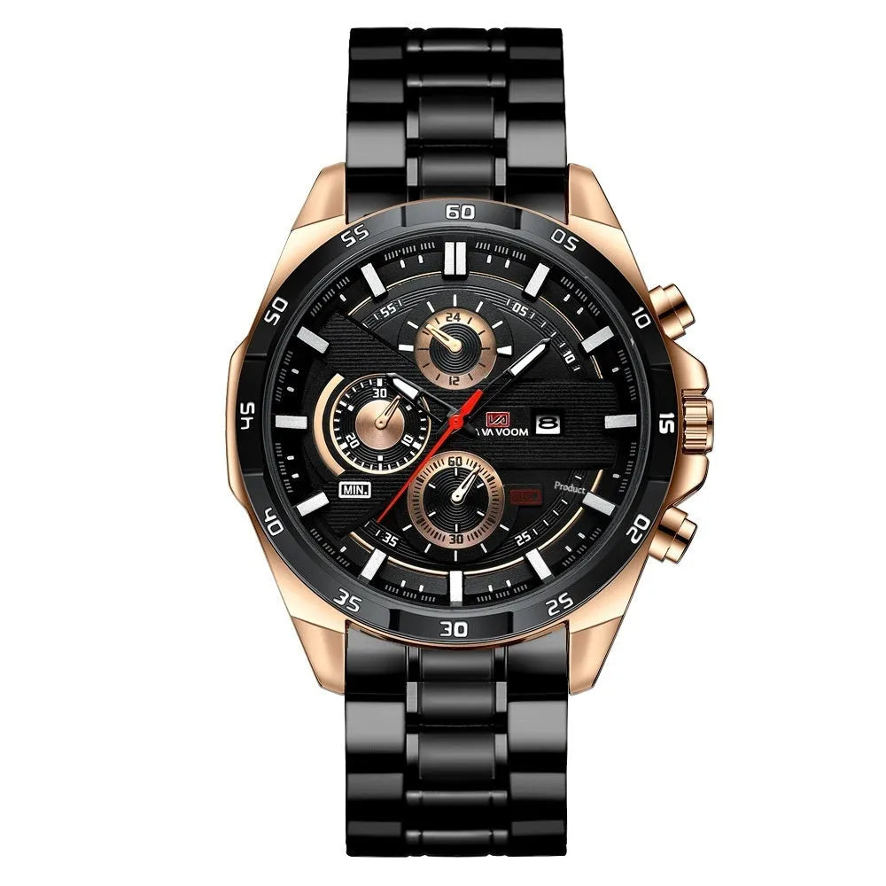 Men's casual quartz watch with calendar display on leather strap, shown in rose gold and black colour option.