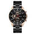Men's casual quartz watch with calendar display on leather strap, shown in rose gold and black colour option.