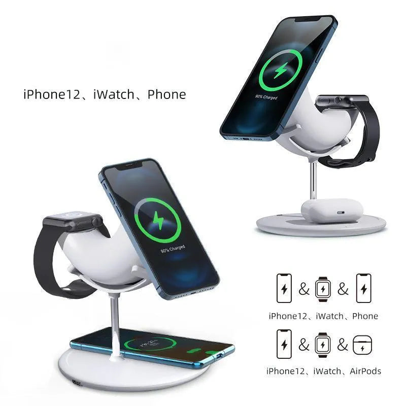 15W three-in-one magnetic wireless charger with Type-C input, white colour, circular design with horn