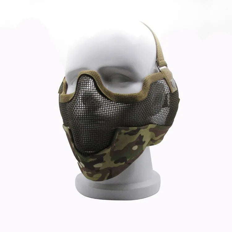 Carbon steel mesh face mask in black with head-mounted straps for outdoor anti-collision use