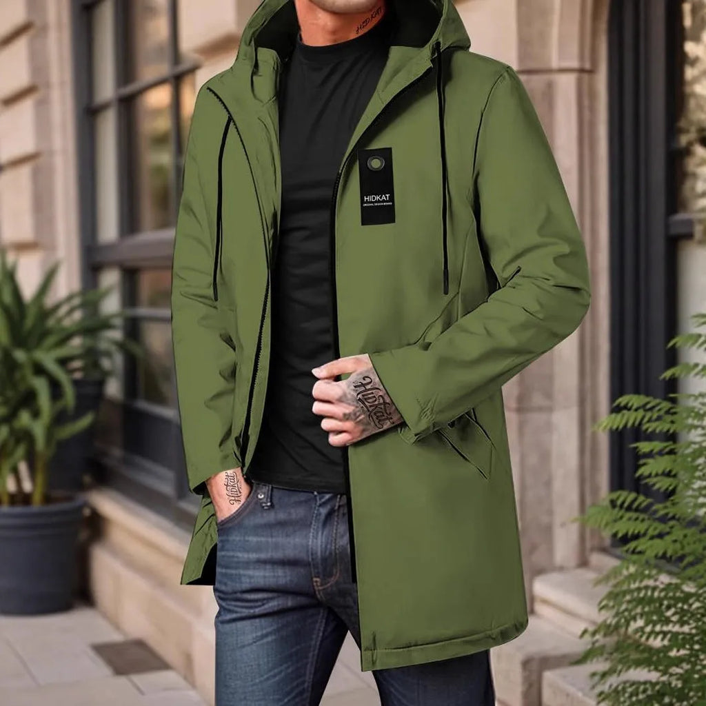 Men's mid-length hooded windproof shell jacket in gray, made from polyester fibre, with long sleeves and front zipper