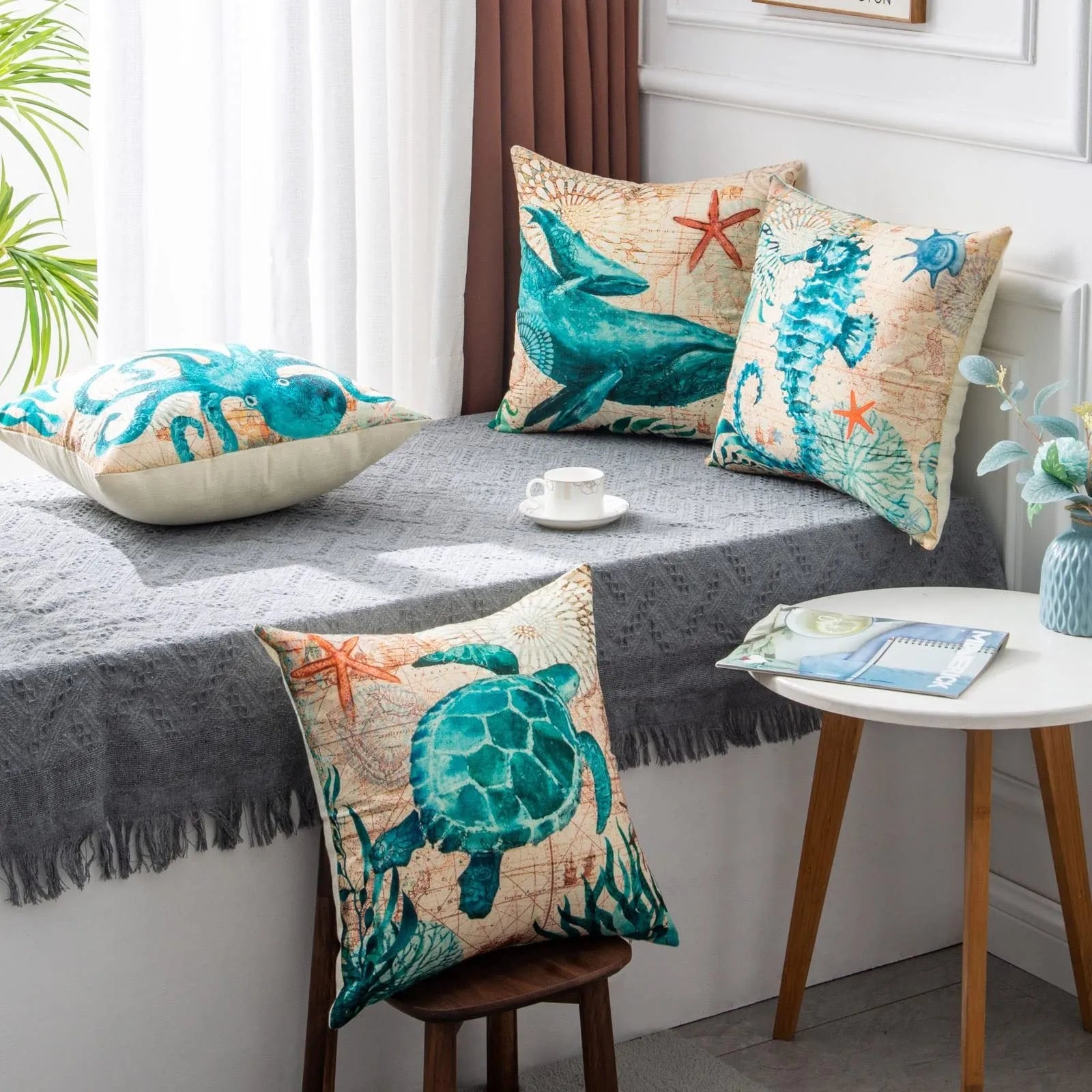 Square linen cushion cover with sea turtle printed design measuring 45x45cm