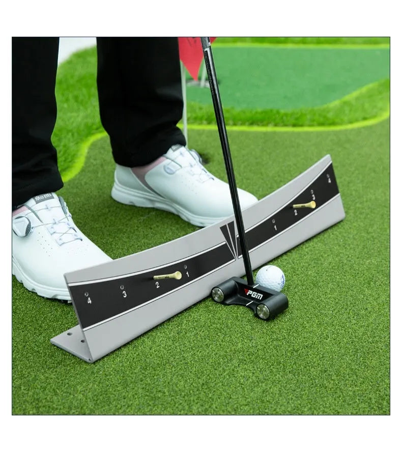 Golf putter trajectory balance simulator with adjustable PVC push rod on a flat surface