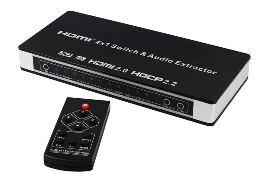 Black 4x1 HDMI switch with remote control for 4K video switching and audio extraction