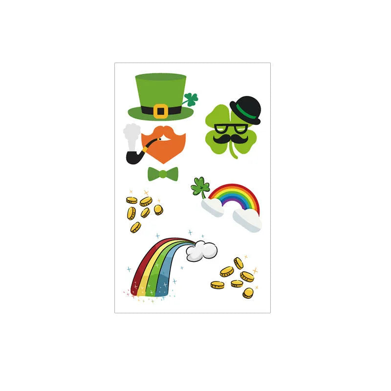 Single sheet of a green St. Patrick's Day clover temporary tattoo sticker, showing water-transfer paper backing.