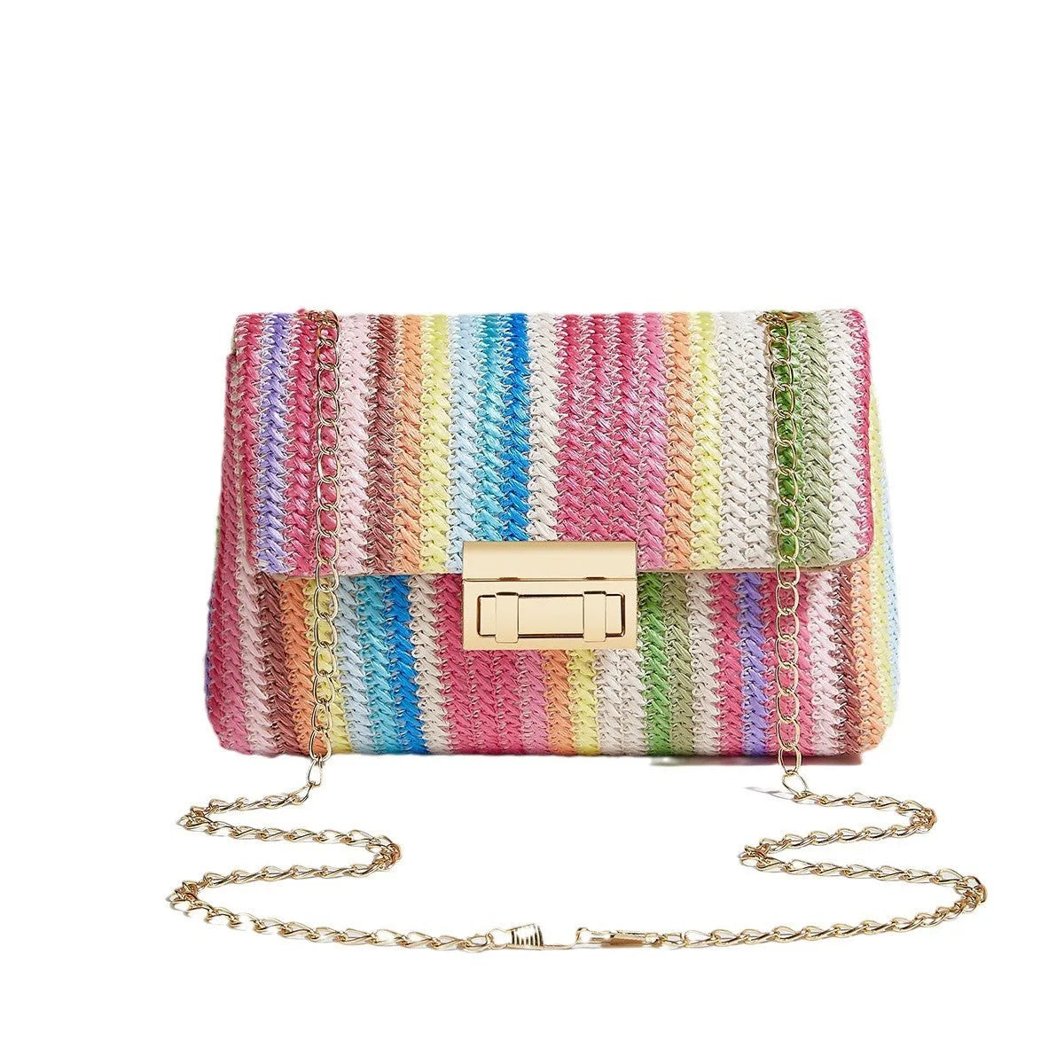 Women's soft straw cross-body bag in small horizontal square shape showing internal mobile phone compartment