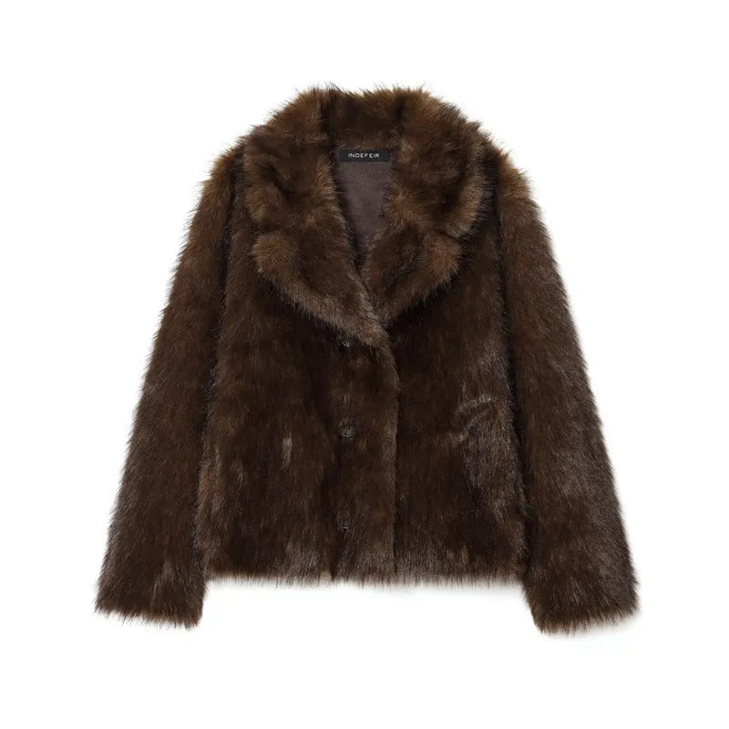 Women's brown artificial fur effect jacket coat with faux fur collar, long sleeves and 50cm length