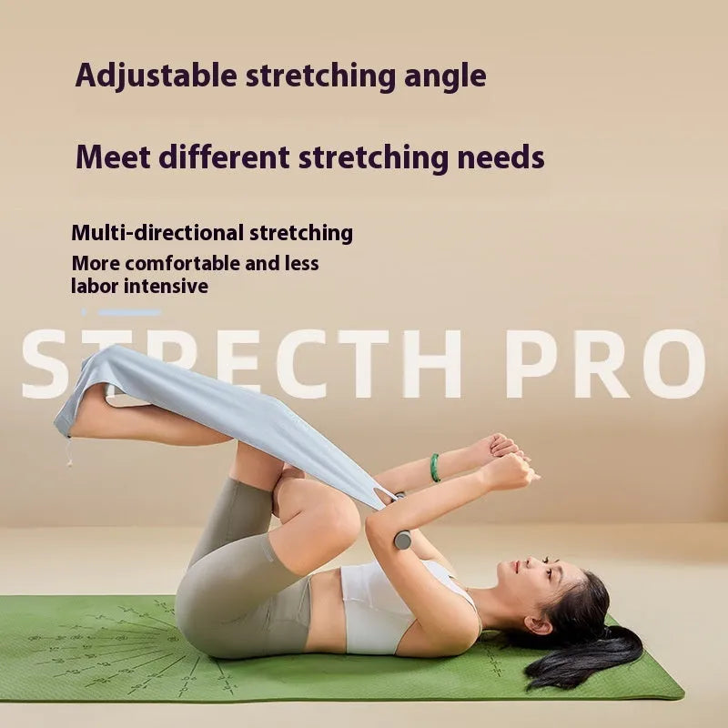 Grey and pink yoga multi-function stretching tool made of iron and plastic for shoulder and hip flexibility.
