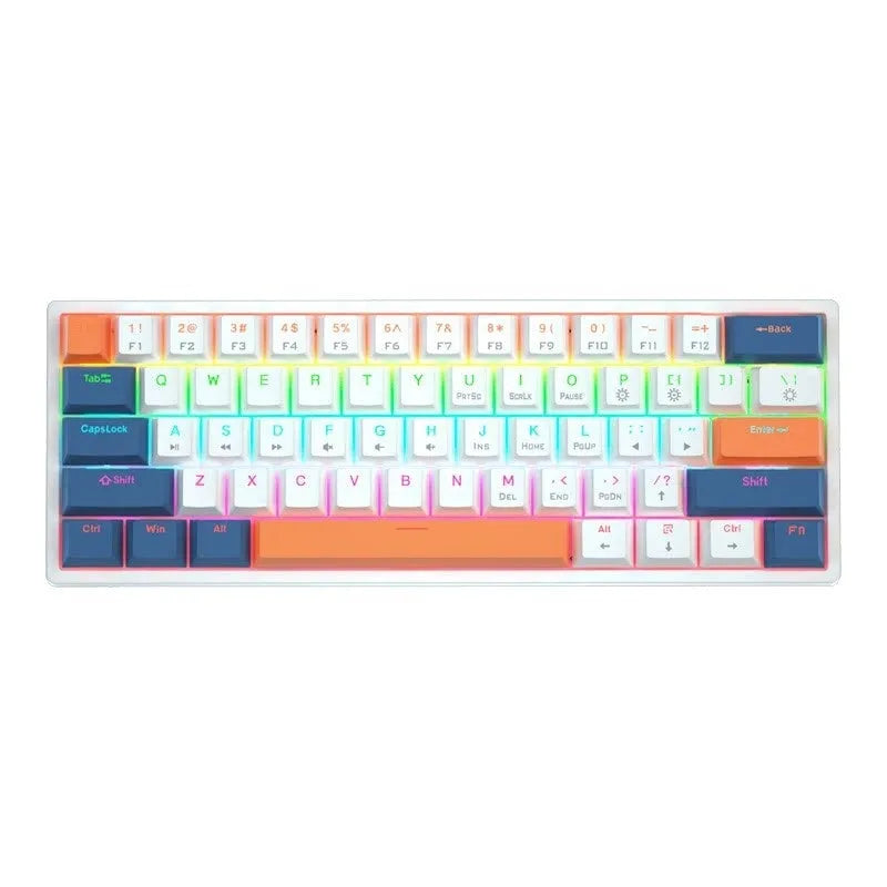 Compact bluish-black 61-key wired mechanical keyboard with hot-swappable switches on a desk.