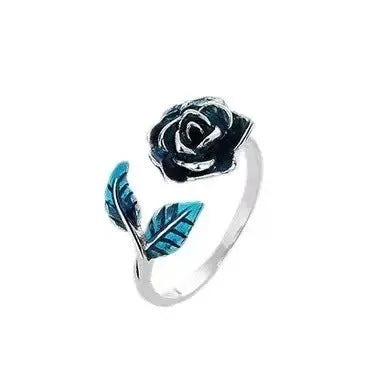Retro blue enamel rose adjustable ring for women in copper casual style