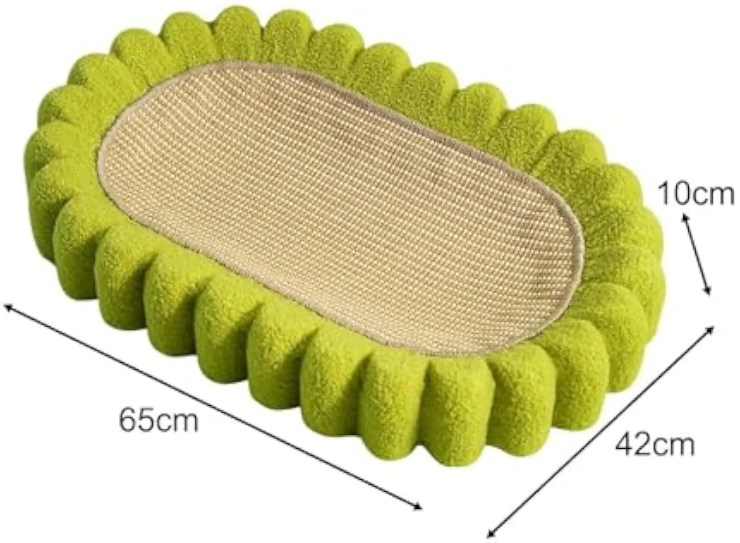Green oval-shaped cat scratching pad serving as a bed with a sisal surface