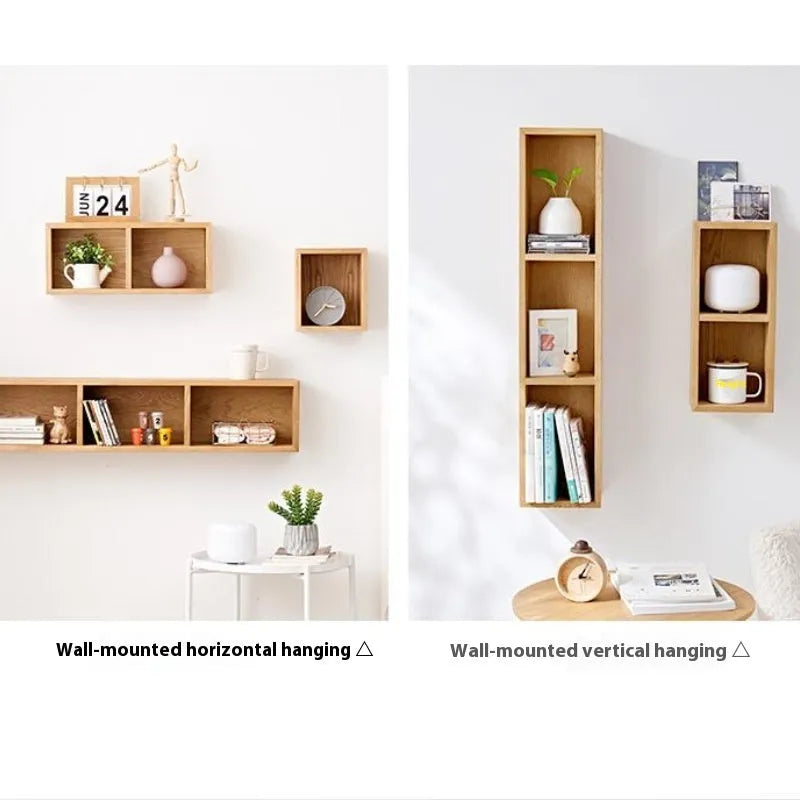 Solid White Oak wall shelf with three lattice grids in walnut colour, mounted on a bedroom wall