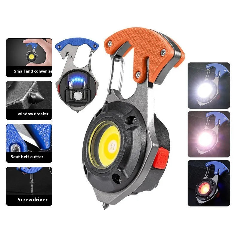 Portable multifunctional keychain flashlight with screwdriver and window breaker hammer, showing COB LED light.