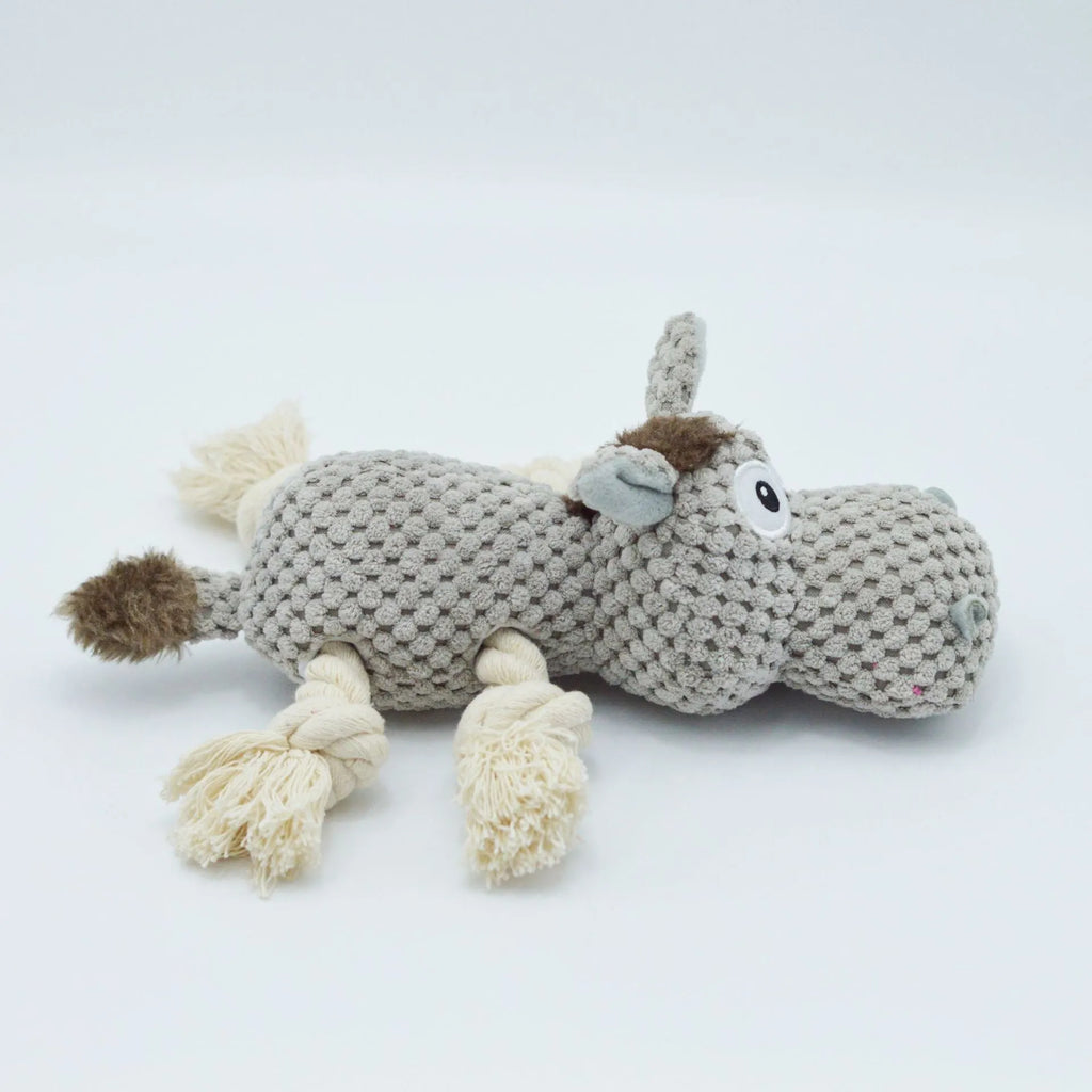 Grey donkey plush dog toy with creak sound mechanism measuring 27 x 20 x 9.5 cm