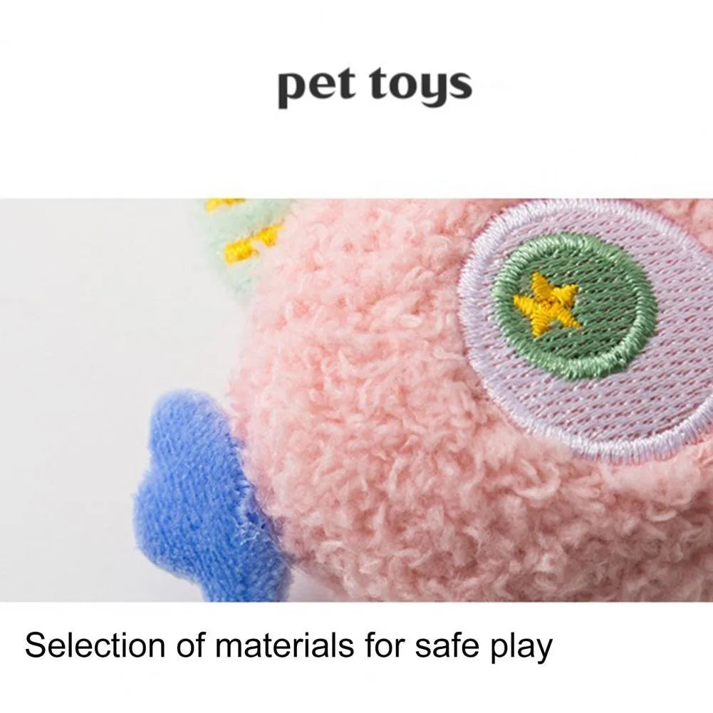 Cartoon plush dog chew toy with big eyes and squeaky sound feature.