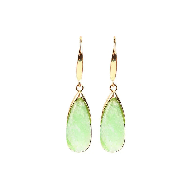 Jade green geometric Chinese-style earrings with water droplet design on copper with gold electroplating