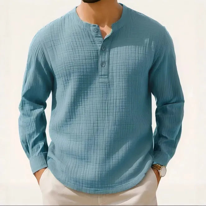 Slim fit long sleeve men's T-shirt in a linen blend fabric, shown in army green colour.