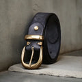 Men's casual belt in cattlehide leather with copper buckle in black, brown, or khaki