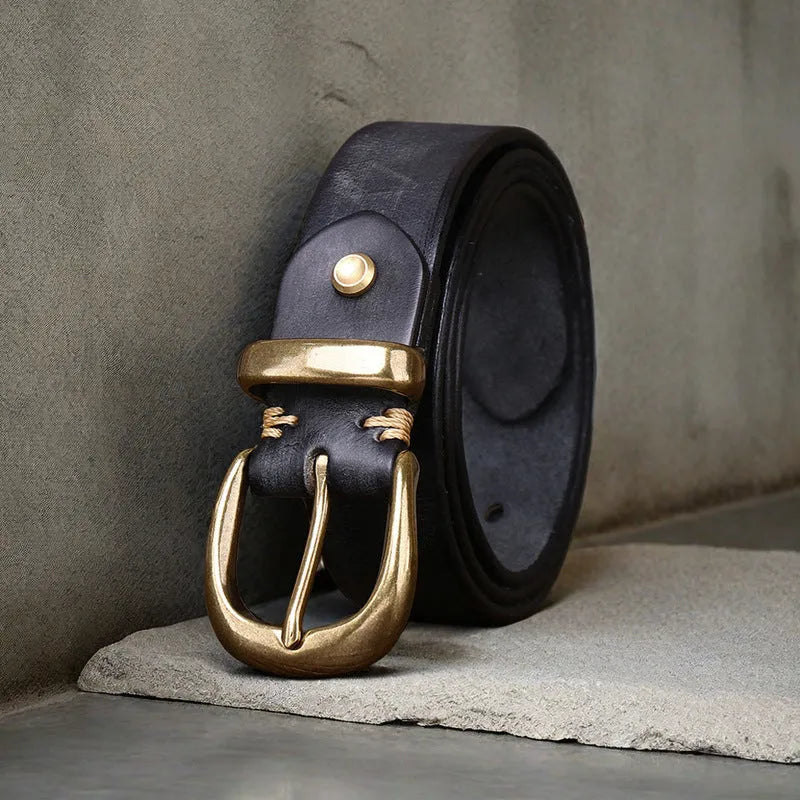 Men's casual belt in cattlehide leather with copper buckle in black, brown, or khaki