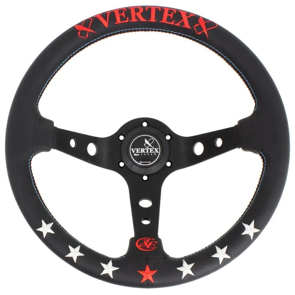 Black alloy racing steering wheel with deep concave rim and star embroidery pattern.