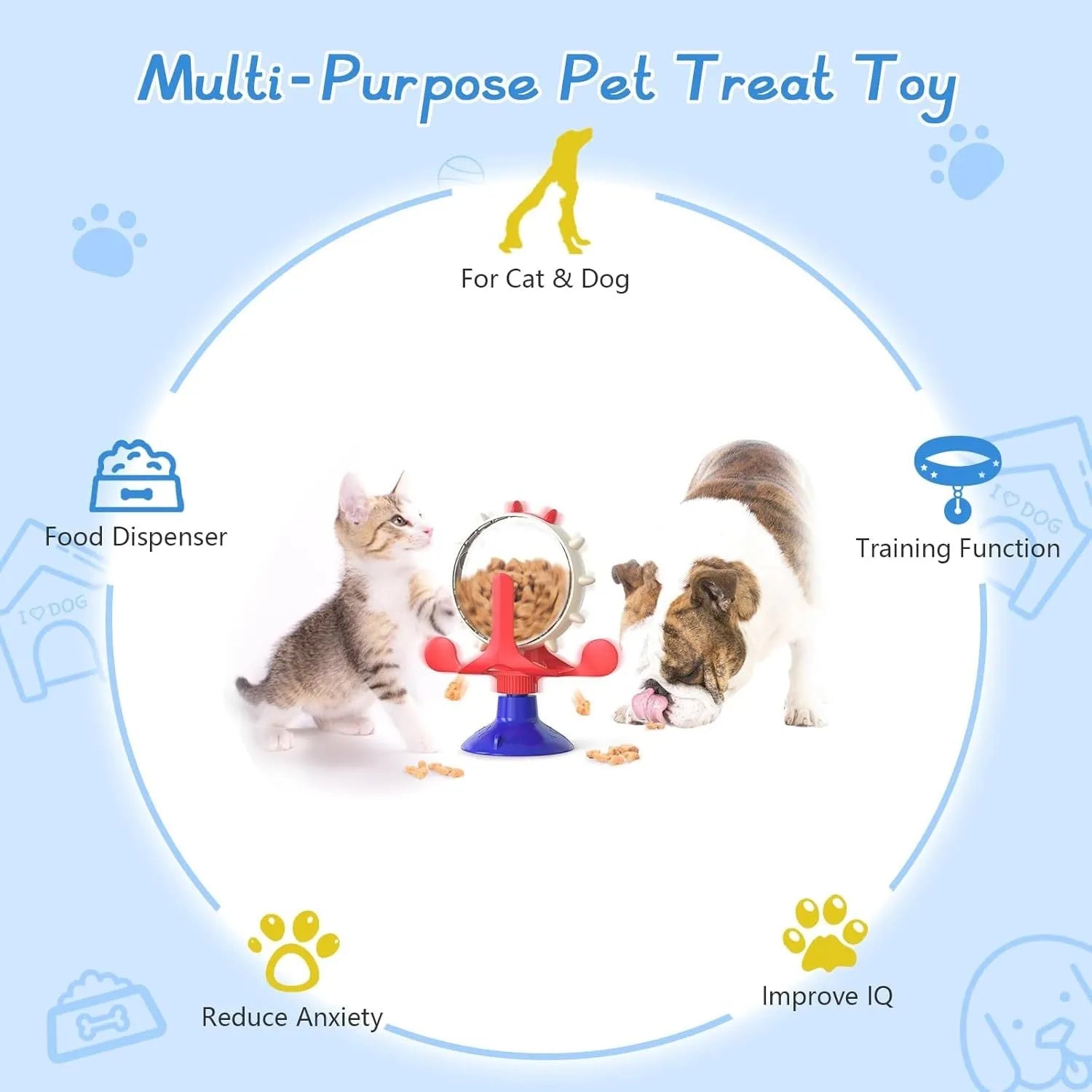 Blue interactive pet puzzle feeder toy with rotating spinner and suction cup base