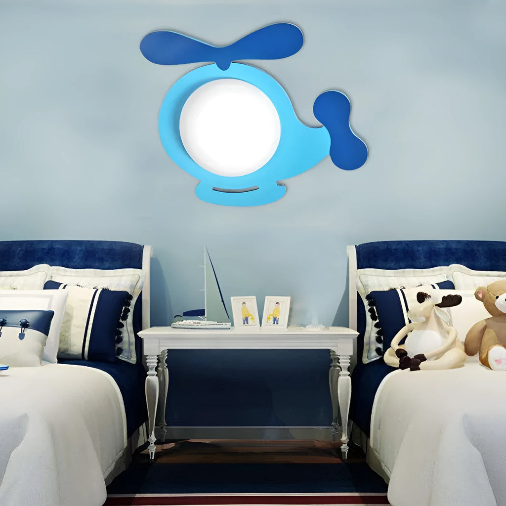 Cartoon children's wall lamp with glass lampshade, iron and wood body, 33x36x8cm LED bedside light