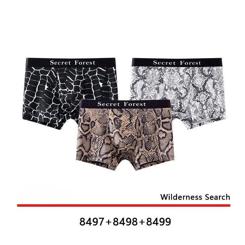 Men's thin loose polyester boxer shorts on a mid waist, shown in black, grey, and brown colours.