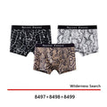 Men's thin loose polyester boxer shorts on a mid waist, shown in black, grey, and brown colours.