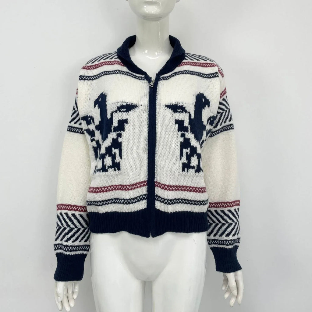 White women's zip-front cardigan with contrast colour jacquard stripes, short lapel design