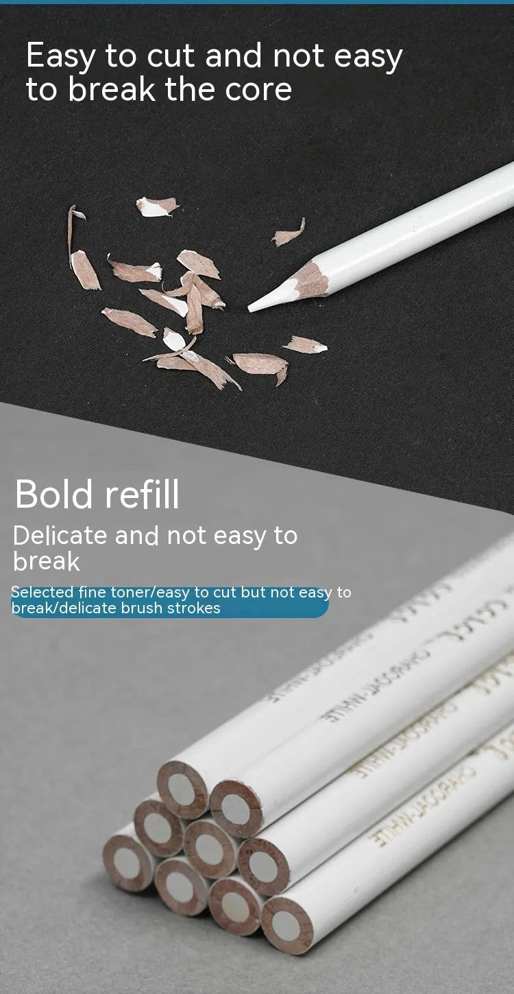 Set of three white charcoal pencils in wooden barrels for sketching on dark paper