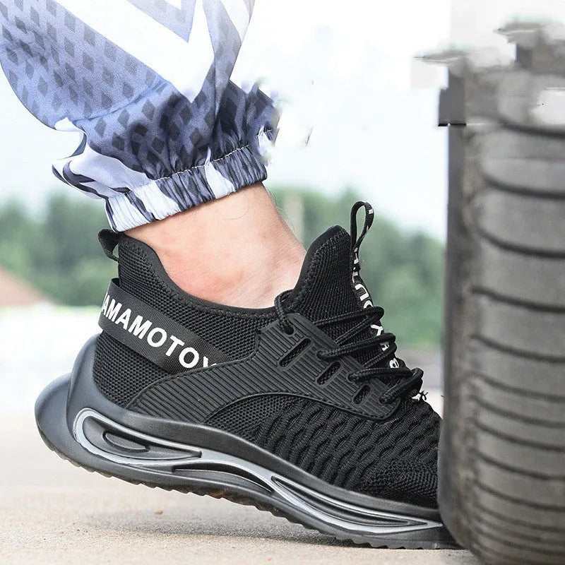 Black ultra-light steel toe anti-piercing work shoes with fly woven upper and low style, sizes 36-46