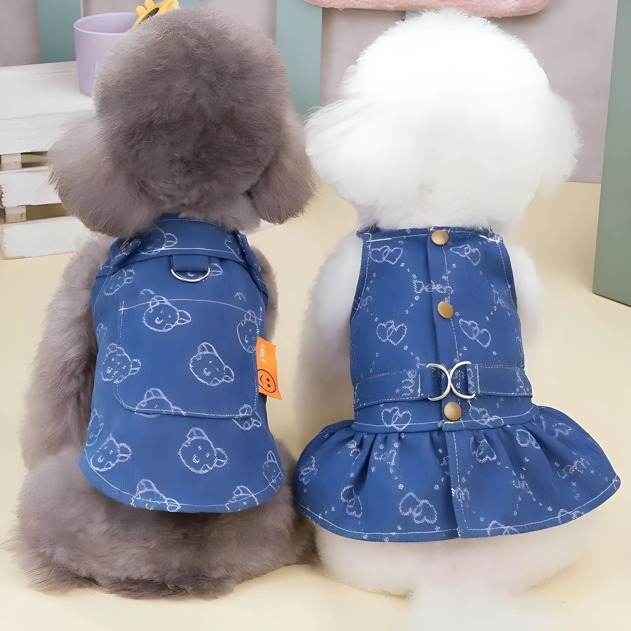 Blue denim princess dress for small dogs with bracket-skirt styling option
