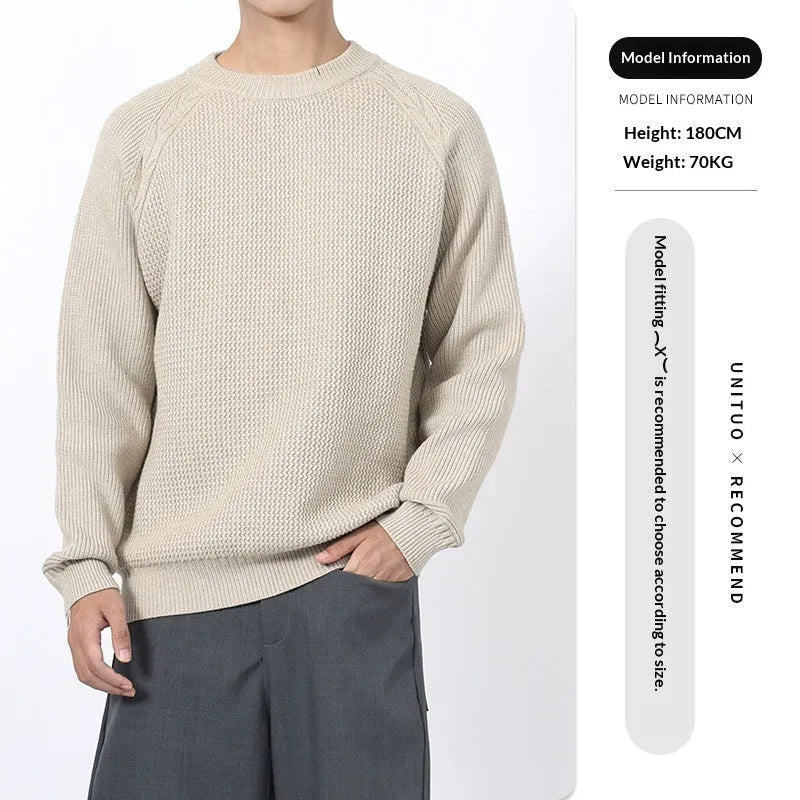 Men's loose round neck sweater in pink apricot, long sleeve pullover style for spring autumn