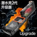 Orange universal waterproof phone case for iPhone and Samsung Galaxy models with clear touchscreen panel