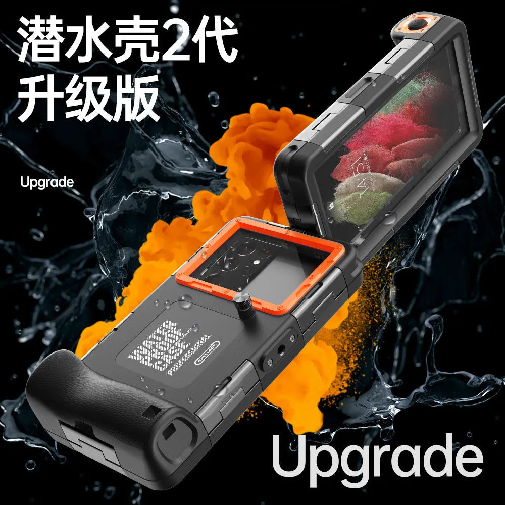 Orange universal waterproof phone case for iPhone and Samsung Galaxy models with clear touchscreen panel