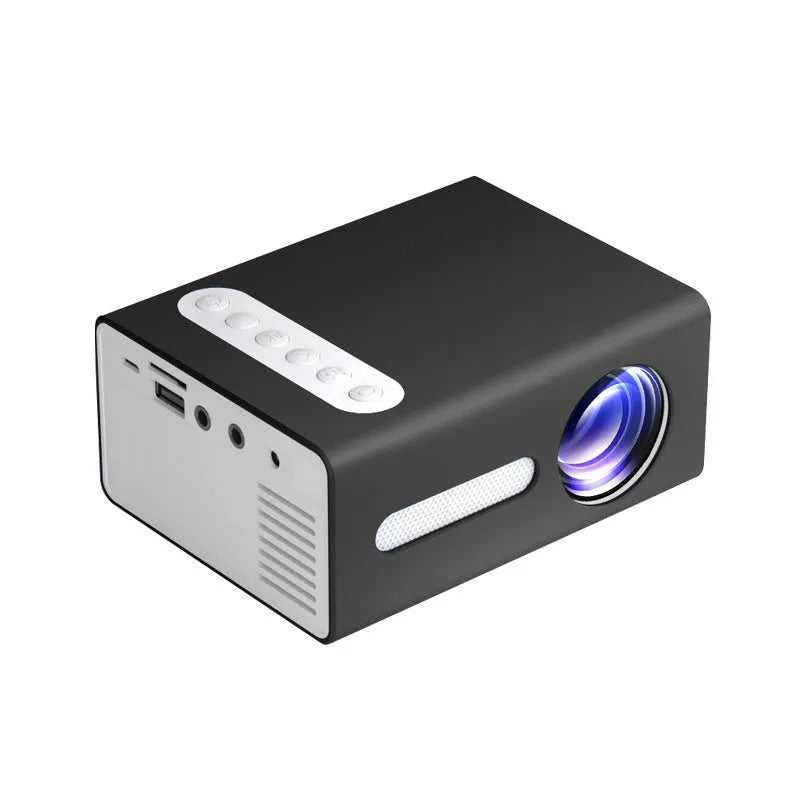 Home Office T300 miniature LED projector in black with front lens and input ports
