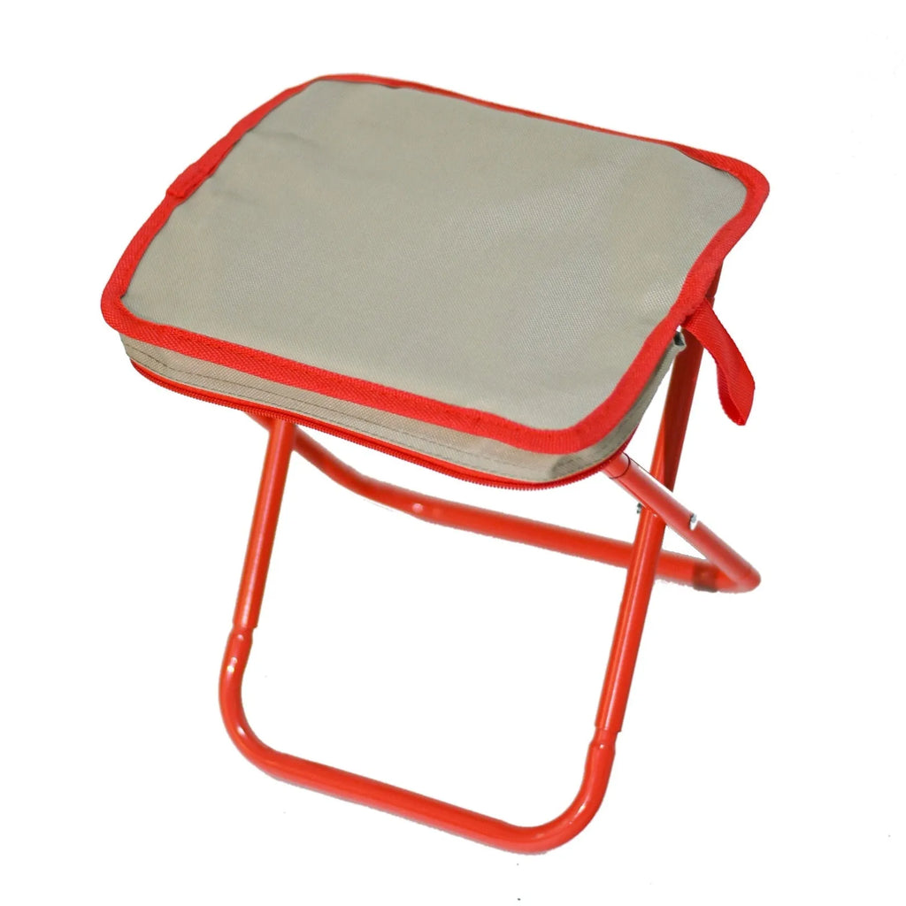 Lightweight foldable camp stool in Oxford cloth, shown folded and unfolded in khaki colour.