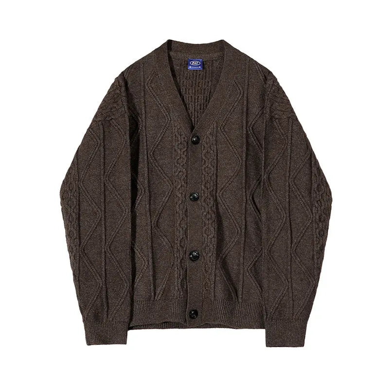 Coffee brown loose fit cardigan sweater coat with long sleeves and thickened acrylic fabric on a model