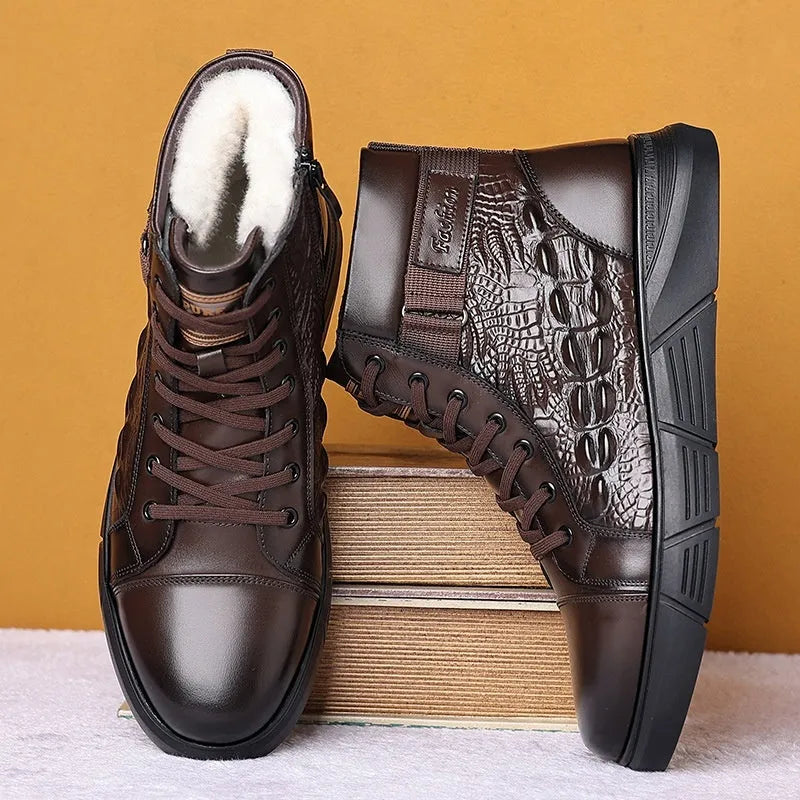 Genuine leather winter boots with snow cotton fur lining and rubber sole in black velvet style