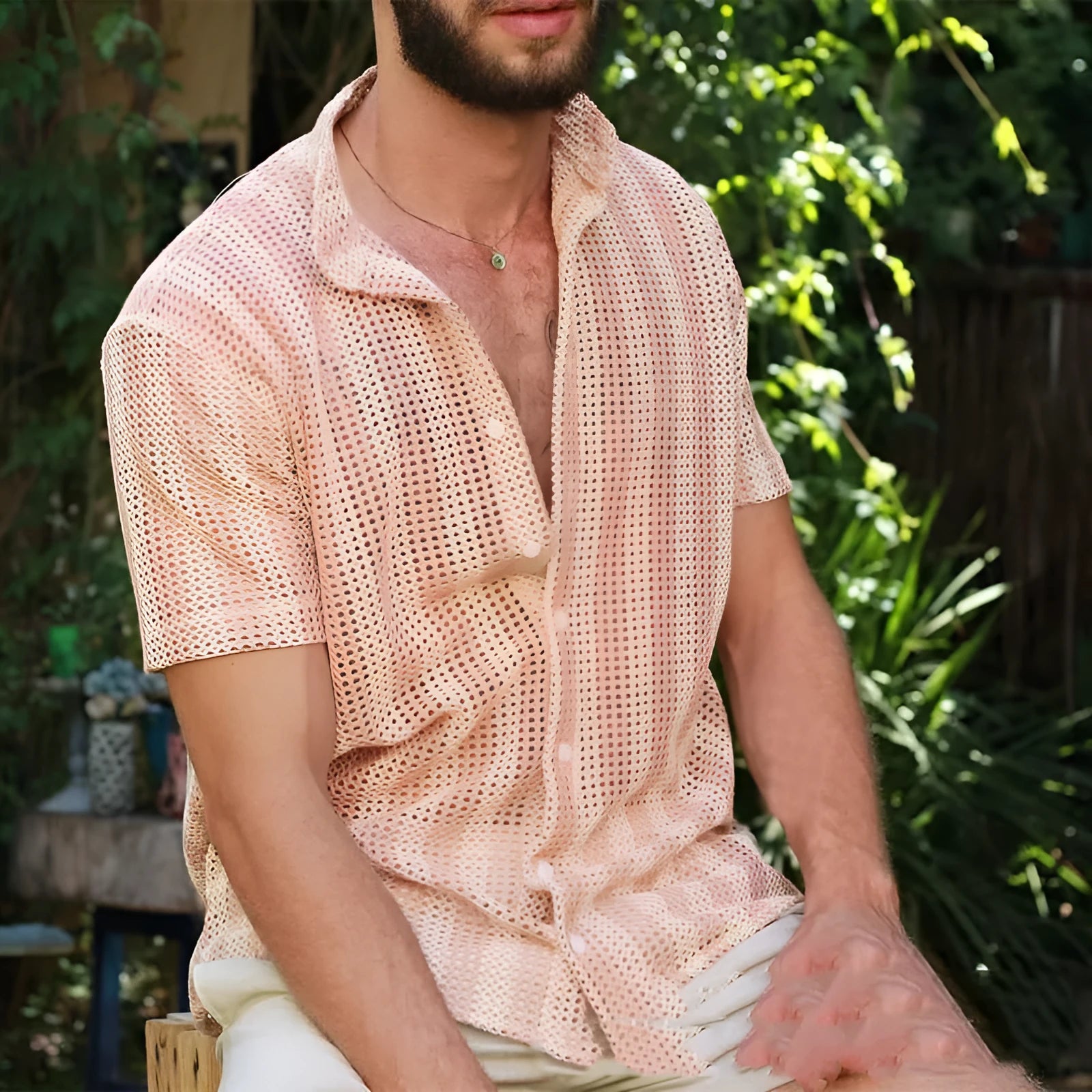 Men's pink waffle weave summer shirt with cardigan-style open front and short sleeves