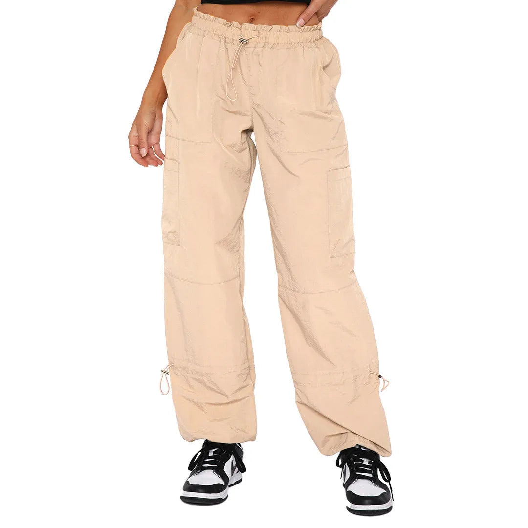 Straight-leg loose cargo casual pants in black with multiple pockets