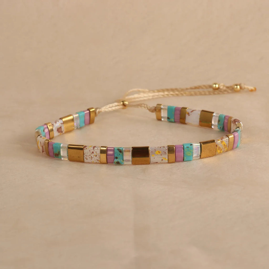 European fashion beaded bracelet with geometric glass and glaze beads in five colour options